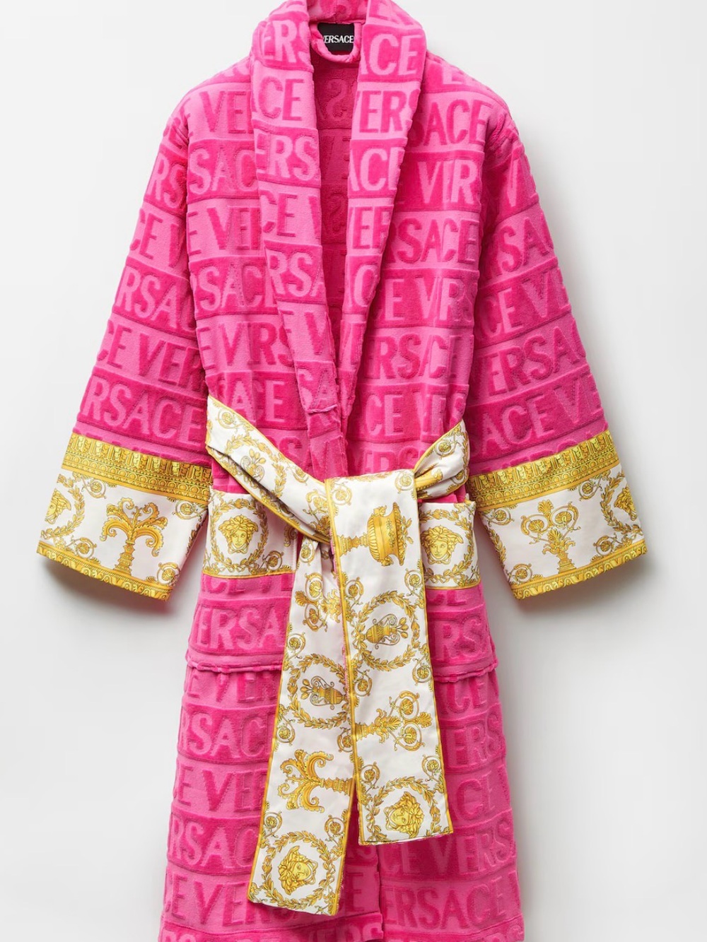 Versace Unisex Hot Pink Logo Terry Robe with Gold Baroque Size L New with Box